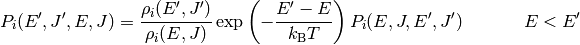 P_i(E^\prime, J^\prime, E, J) = \frac{\rho_i(E^\prime, J^\prime)}{\rho_i(E, J)} \exp \left(- \frac{E^\prime - E}{k_\mathrm{B} T} \right) P_i(E, J, E^\prime, J^\prime) \hspace{40pt} E < E^\prime